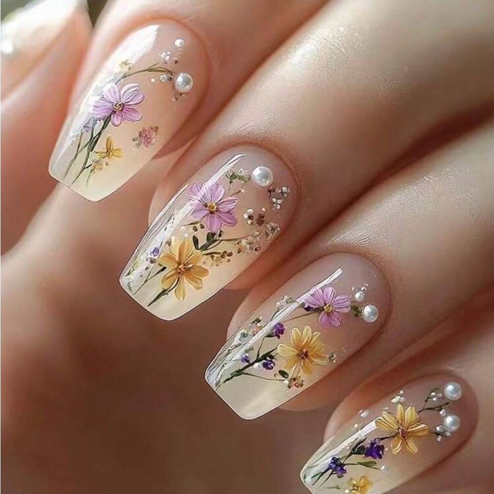 Nude Floral Press On Nails with Pearls